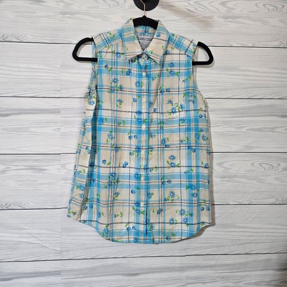 Cabin Creek Vintage 90s Blue Plaid Floral Cherry Sleeveless Button Up Shirt Smal